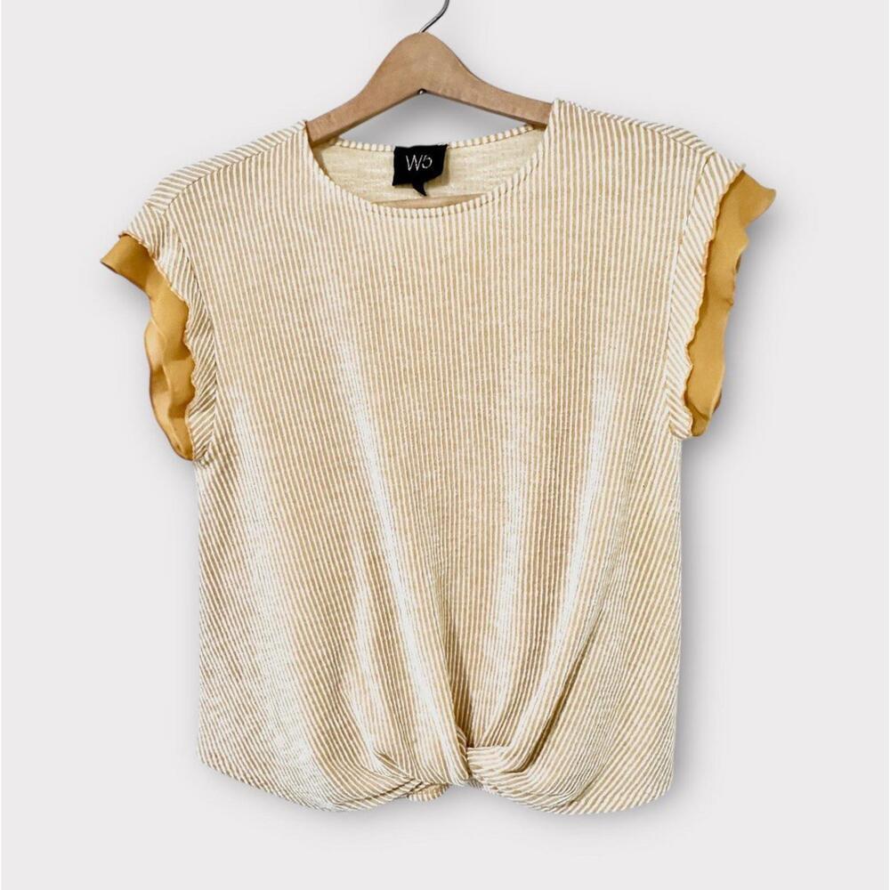 W5 Womens Blouse Shirt Sleeveless Mustard Yellow and White Stripes Knot Size L